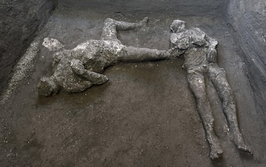 The casts resurrect two bodies, master and slave: they are the almost intact bodies of two men, a forty-year-old wrapped in a warm wool cloak and his young slave already bent by the fatigues of life, the new exciting revelation of Pompeii, the fruit of an excavation that went on even in these hardest weeks of the pandemic and that ANSA Agency is able to document EXCLUSIVELY, Pompeii, 21 November 2020. "A truly exceptional discovery - underlines enthusiastic director Massimo Osanna, who has also headed the general management since September 2020 of public museums - because for the first time after more than 150 years from the first use of the technique it was possible not only to create perfectly successful casts of the victims, but also to investigate and document with new technologies the things they had with them in the moment in which they were hit and killed by the boiling vapors of the eruption ". ANSA / LUCA SPINA / ARCHAEOLOGICAL PARK OF POMPEII+++ NO SALES, EDITORIAL USE ONLY +++