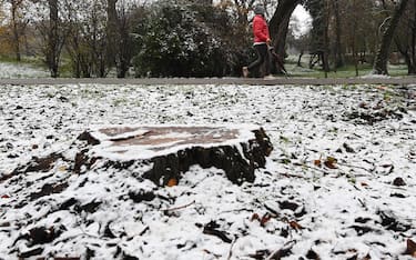 Una persona cammina in un parco di San Donato Milanese ricorperto di un leggero strato di neve, 2 dicembre 2020. ANSA/DANIEL DAL ZENNARO
