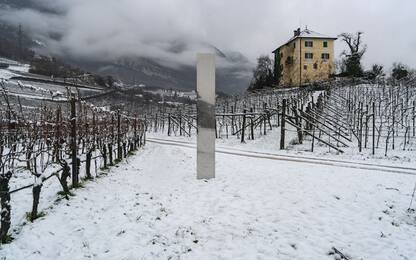 Un monolite appare tra le vigne dell'Alto Adige. FOTO