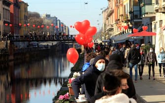 Heart-shaped balloons on the Navigli area  on the occasion of Valentine's Day, Milan, Italy 14 February 2021, Ansa / Paolo Salmoirago