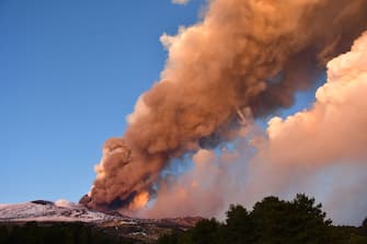 A spectacular eruption is underway on Etna volcano with a strong explosive activity from the south-east crater and the emission of a high cloud of lava ash that disperses towards the south, Sicily island, southern Italy, 16 february 2021. From the same 'mouth' a lava overflow emerges which produced a modest collapse of the side of the cone, generating a pyroclastic flow that developed along the western wall of the Valle del Bove.
ANSA/ORIETTA SCARDINO