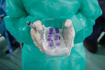 NAPLES, CAMPANIA, ITALY - 2021/01/08: Bottles of the Pfizer-Biontech vaccine against Covid-19. They will be administered to the medical and nursing staff of the local health authority's anxiety centre in Naples, southern Italy. (Photo by Salvatore Laporta/KONTROLAB/LightRocket via Getty Images)