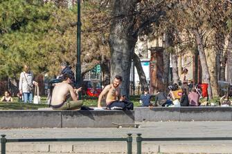 People walking around the Royal Gardens take advantage of the beautiful day and the last weekend before the passage from Monday 15 March of Piedmont to the red zone, Turin, Italy, 13 March 2021 ANSA / JESSICA PASQUALON