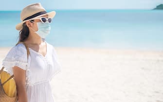 Happy tourist woman wearing surgical face mask  enjoy beautiful sea and white sand at tropical beach. protection Coronavirus disease (Covid-19) infection. New Normal, travel, vacation and holiday