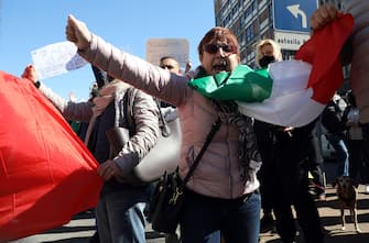 Street traders protest at Pisani street in Milan, Italy, 06 April 2021. They ask to be allowed to reopen and obtain immediate economic helps amid the third Covid-19 wave in Italy. ANSA/MATTEO BAZZI