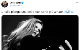 "L'Italia piange una delle sue icone pi˘ amate. Milva". Lo scrive su Twitter il segretario del Pd, Enrico Letta, 24 aprile 2021. 
TWITTER ENRICO LETTA
+++ATTENZIONE LA FOTO NON PUO' ESSERE PUBBLICATA O RIPRODOTTA SENZA L'AUTORIZZAZIONE DELLA FONTE DI ORIGINE CUI SI RINVIA+++  ++HO NO SALES EDITORIAL USE ONLY++
