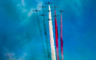 Italian Air Forces aerobatic demonstration team, the Frecce Tricolori, fly over Rome on the occasion for the 76th Liberation Day, in Rome, Italy, 25 April 2021. ANSA/GIUSEPPE LAMI