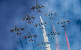 Italian Air Forces aerobatic demonstration team, the Frecce Tricolori, fly over Rome on the occasion for the 76th Liberation Day, in Rome, Italy, 25 April 2021. ANSA/GIUSEPPE LAMI