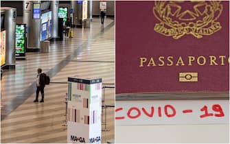 passaporto e alcuni passeggeri in un aeroporto L'immagine di un passaporto e di alcuni passeggeri in un aeroporto in vista dell'entrata in funzione del certificato digitale Covid19 europeo