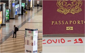 L'immagine di un passaporto e di alcuni passeggeri in un aeroporto in vista dell'entrata in funzione del certificato digitale Covid19 europeo