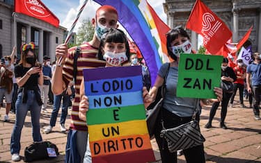 A moment of the demonstration in favor of the Zan law, against homophobia, at the Arco della Pace, Milan, Italy, 08 May 2021. "This is a success for democracy that shows that Italy is a civilized country and the vast majority of people want a law that protects the most vulnerable people", said Alessandro Zan.  ANSA/MATTEO CORNER