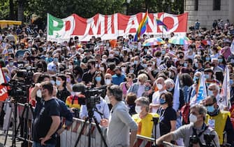 A moment of the demonstration in favor of the Zan law, against homophobia, at the Arco della Pace, Milan, Italy, 08 May 2021. "This is a success for democracy that shows that Italy is a civilized country and the vast majority of people want a law that protects the most vulnerable people", said Alessandro Zan.  ANSA/MATTEO CORNER
