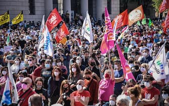 A moment of the demonstration in favor of the Zan law, against homophobia, at the Arco della Pace, Milan, Italy, 08 May 2021. "This is a success for democracy that shows that Italy is a civilized country and the vast majority of people want a law that protects the most vulnerable people", said Alessandro Zan.  ANSA/MATTEO CORNER