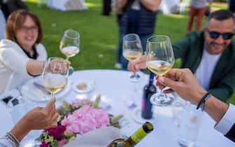 Invitati a un matrimonio brindano con dei calici di vino