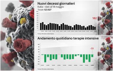 Due grafici mostrano l'andamento dei decessi giornalieri in Italia per covid e l'andamento dei ricoveri in terapia intensiva