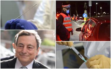Quattro immagini, da in alto a sinistra: un tampone Covid, controlli dei Carabinieri di notte, una siringa di vaccino e il premier Draghi