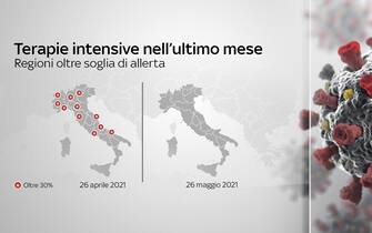 Cartina Italia con confronto tra regioni in soglia d'allerta per rianimazione tra aprile e maggio