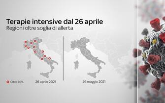 Due cartine dell'Italia su andamento delle rianimazioni dal 26 aprile