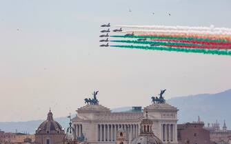 Italian Air Force's aerobatic display team, the Frecce Tricolori, flies over Rome to mark the 75th Republic Day, in Rome, Italy, 2 June 2021. ANSA/GIUSEPPE LAMI