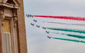 Italian Air Force's aerobatic display team, the Frecce Tricolori, flies over Rome to mark the 75th Republic Day, in Rome, Italy, 2 June 2021. ANSA/GIUSEPPE LAMI
