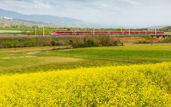 Frecciarossa in viaggio Un treno Frecciarossa di Trenitalia in viaggio tra le campagne italiane