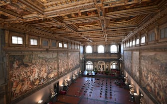 A photo taken on February 23, 2021 in Florence shows The 15th Century Hall of the Five Hundred (Salone dei Cinquecento), the largest and most important room in terms of artistic and historic value in Palazzo Vecchio. - Florence celebrates in 2021 the 700th anniversary of the death of Dante Alighieri, who helped establish with works such as "The Divine Comedy" the modern-day standardized Italian language, and set a precedent that important later Italian writers such as Petrarch and Boccaccio would follow. (Photo by Vincenzo PINTO / AFP) (Photo by VINCENZO PINTO/AFP via Getty Images)