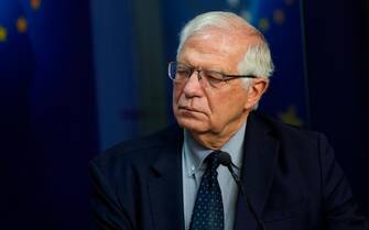 BELGIUM EU MOLDOVA UKRAINE GEORGIA DIPLOMACY epa09298047 European Union foreign policy chief Josep Borrell listens to statements after his meeting with Georgia's Foreign Minister David Zalkaliani, Moldova's Foreign Minister Aureliu Ciocoi and Ukraine's Foreign Minister Dmytro Kuleba at the EU headquarters in Brussels, Belgium, 24 June 2021. EPA/FRANCISCO SECO / POOL