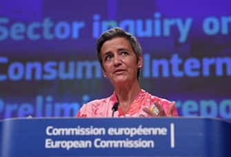 epa09257227 European Commission vice-president in charge Europe fit for the digital Margrethe Vestager speaks during a press conference on a competition sector inquiry at the EU headquarters in Brussels, Belgium, 09 June 2021.  EPA/JOHN THYS / POOL
