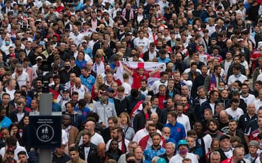 LONDON, UNITED KINGDOM - JUNE 29, 2021: Tens of thousands of football fans leave Wembley Stadium after England's 2:0 win in a match against Germany during the Euro 2020 Championship on June 29, 2021 in London, England. The capacity for today's game at Wembley has been increased to 45,000 spectators making it the biggest crowd at an event since the start of Covid-19 pandemic. (Photo credit should read Wiktor Szymanowicz/Barcroft Media via Getty Images)