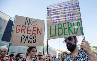 Protesters during the demonstration against the "Green Pass" at Del Popolo's square in the centre of Rome, Italy, 31 July 2021.
ANSA/MASSIMO PERCOSSI