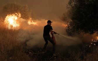 epa09406426 A local resident battles flames during a wildfire at the village of Pefki in the island Evia, Greece, 08 August 2021. Fires that broke out in Attica and Evia island this week have burned more than a quarter of a million stremmas, the National Observatory of Athens' center Beyond said on 08 August. Some 76,150 stremmas (7,615 hectares) have been burnt so far in northern Attica. At Evia island the surface area of burnt land is measured at 197,940 stremmas (19,794 hectares). These figures concern only the fires in Attica and Evia, but dozens of large fires have affected several areas across the country.  EPA/KOSTAS TSIRONIS