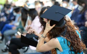Graduates wear the touch during the ceremony. Rome, Graduation day in Piazzale della Minerva, inside the University City, for all graduates of Pharmacy and Medicine, Medicine and Dentistry, Medicine and Psychology who have discussed the thesis electronically
