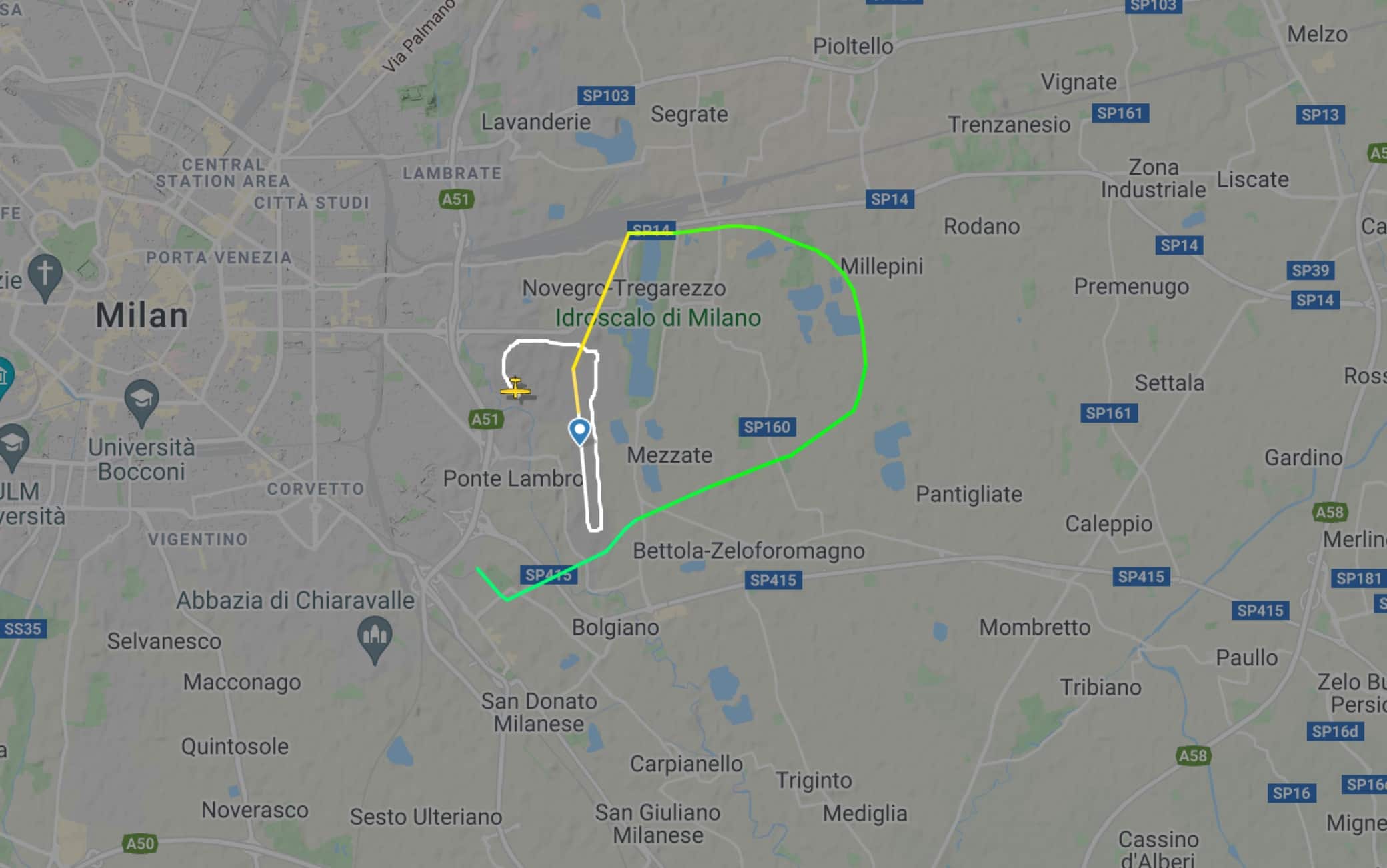 Il tracciato dell'aereo che si è schiantato a San Donato Milanese