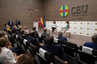 MADRID, SPAIN - SEPTEMBER 16: The president of the Community of Madrid, Isabel Diaz Ayuso (left) and the former president of the Basque PP, Maria San Gil (right), intervene in the opening session of the Expert Degree in Leadership and Civic Commitment, at the CEU San Pablo University, on 16 September, 2021 in Madrid, Spain. The Madrid leader participates this Thursday in the opening of this course taught by the CEU Center for Studies, Training and Social Analysis (CEFAS). It is an Expert Degree in Leadership and Civic Commitment, an initiative aimed at training in the field of liberal-conservative ideas. (Photo By Alberto Ortega/Europa Press via Getty Images)