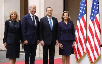 First Lady Jill Biden, U.S. President Joe Biden, Mario Draghi, Italy's prime minster, and his wife Maria Serenella Cappello, left to right, at the Chigi Palace in Rome, Italy, on Friday, Oct. 29, 2021. The G-20 is meeting in Rome this weekend right before COP26 in Glasgow, the United Nations gathering that aims to set specific goals to wean nations off coal and other noxious substances for good. Photographer: Alessia Pierdomenico/Bloomberg