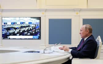 MOSCOW, RUSSIA  OCTOBER 30, 2021: Russia's President Vladimir Putin takes part in a meeting of heads of the G20 member-states, invited countries and representatives of international organisations via a video linkup from the Moscow Kremlin. Yevgeny Paulin/Russian Presidential Press and Information Office/TASS (Photo by Yevgeny Paulin\TASS via Getty Images)