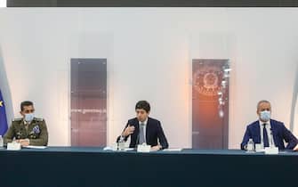 Franco Locatelli, Roberto Speranza e Francesco Paolo Figliuolo alla conferenza stampa a Palazzo Chigi