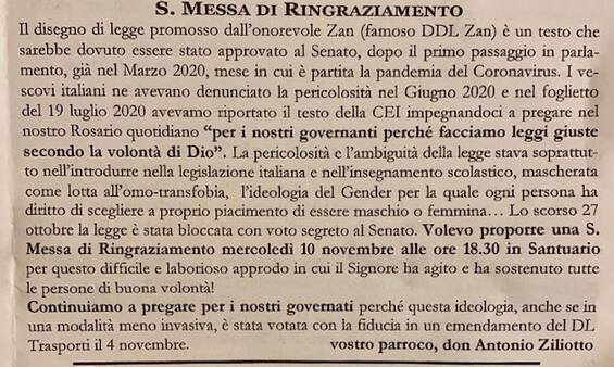 San Zenone In Parrocchia Una Messa Per Ringraziare La Bocciatura Del Ddl Zan Sky Tg24 0407