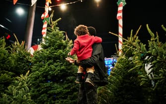 Father holding toddler son while shopping for Christmas tree