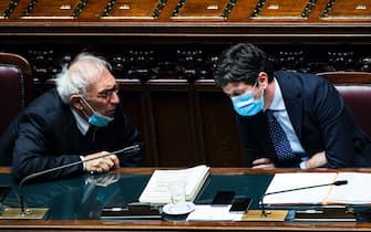 Italian Minister of Education, Patrizio Bianchi, with Italian Minister of Health, Roberto Speranza (R) during question time at the Lower House of Parliament, Rome, Italy, 24 March 2021. ANSA/ANGELO CARCONI