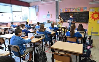 Primo giorno di scuola presso elementari  edi  Erminio franchetti, Torino 13 settembre 2021 ANSA/ALESSANDRO DI MARCO
