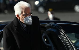 Italian President Sergio Mattarella arrives to attend the funeral ceremony of late European Parliament speaker David Sassoli on January 14, 2022 at the Basilica Santa Maria degli Angeli e dei Martiri in Rome. - Sassoli died on January 11, 2022 in the hospital where he had been admitted on December 26 for "a serious complication due to a dysfunction of the immune system". (Photo by Vincenzo PINTO / AFP) (Photo by VINCENZO PINTO/AFP via Getty Images)