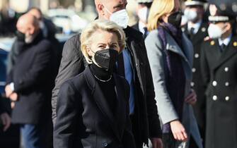European Commission President, Ursula von der Leyen arrives to attend the funeral ceremony of late European Parliament speaker David Sassoli on January 14, 2022 at the Basilica Santa Maria degli Angeli e dei Martiri in Rome. - Sassoli died on January 11, 2022 in the hospital where he had been admitted on December 26 for "a serious complication due to a dysfunction of the immune system". (Photo by Vincenzo PINTO / AFP) (Photo by VINCENZO PINTO/AFP via Getty Images)