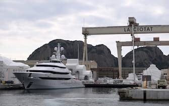 A picture taken on March 3, 2022 in a shipyard of La Ciotat, near Marseille, southern France, shows a yacht, Amore Vero, owned by a company linked to Igor Sechin, chief executive of Russian energy giant Rosneft. - The French government on March 3 said it had seized in La Ciotat a superyacht owned by a company linked to Igor Sechin, chief executive of Russian energy giant Rosneft and close confidant of the Russian President, as part of the implementation of European Union sanctions against Russian invasion of Ukraine. (Photo by NICOLAS TUCAT / AFP) (Photo by NICOLAS TUCAT/AFP via Getty Images)