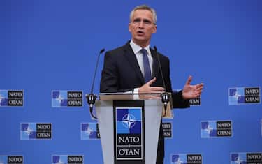(220222) -- BRUSSELS, Feb. 22, 2022 (Xinhua) -- NATO Secretary General Jens Stoltenberg speaks to the media following an extraordinary meeting of the NATO-Ukraine Commission at NATO headquarters in Brussels, Belgium, on Feb. 22, 2022. The chief of the North Atlantic Treaty Organization (NATO) has urged Russia to "choose the path of diplomacy" in the conflict with Ukraine. (Xinhua/Zheng Huansong) - Zheng Huansong -//CHINENOUVELLE_1.0409/2202230851/Credit:CHINE NOUVELLE/SIPA/2202230858