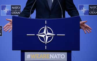 A picture shows the NATO logo as NATO Secretary General Jens Stoltenberg  holds a press conference during a NATO Defence ministers' meeting in Brussels on February 13, 2020. (Photo by Aris Oikonomou / AFP) (Photo by ARIS OIKONOMOU/AFP via Getty Images)