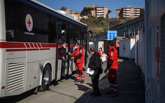 ROME, ITALY - MARCH 22: Ukrainian refugees evacuated from Lviv by Italian Red Cross arrive to Rome, on March 22, 2022 in Rome, Italy. About 80 frail people including children, elderly and disabled were evacuated from Lutsk, Kharhiv and Kiev by the Italian Red Cross in collaboration with the Civil Protection Department. (Photo by Antonio Masiello/Getty Images)