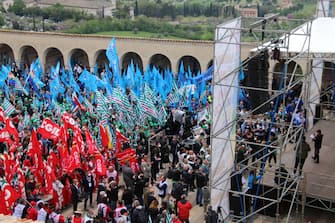 La manifestazione dei sindacati in occasione del Primo maggio, Assisi, 1 maggio 2022.
 ANSA/ BASILIETTI