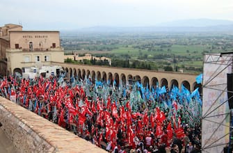 La manifestazione dei sindacati in occasione del Primo maggio, Assisi, 1 maggio 2022.
 ANSA/ BASILIETTI