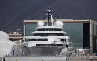 A view shows the multi-million-dollar mega yacht Scheherazade, docked at the Tuscan port of Marina di Carrara, Tuscany, on March 22, 2022. - The ownership of the multi-million-dollar mega yacht Scheherazade, docked on the Tuscan coast, is currently the source of speculation that it belongs to a Russian oligarch, or even perhaps President Vladimir Putin himself. Ukrainian President Volodymyr Zelensky urged Italian lawmakers on March 22 to stop their country being a playground for Russia's elite, while warning food shortages sparked by the war risk a fresh migrant crisis. (Photo by Federico SCOPPA / AFP) (Photo by FEDERICO SCOPPA/AFP via Getty Images)